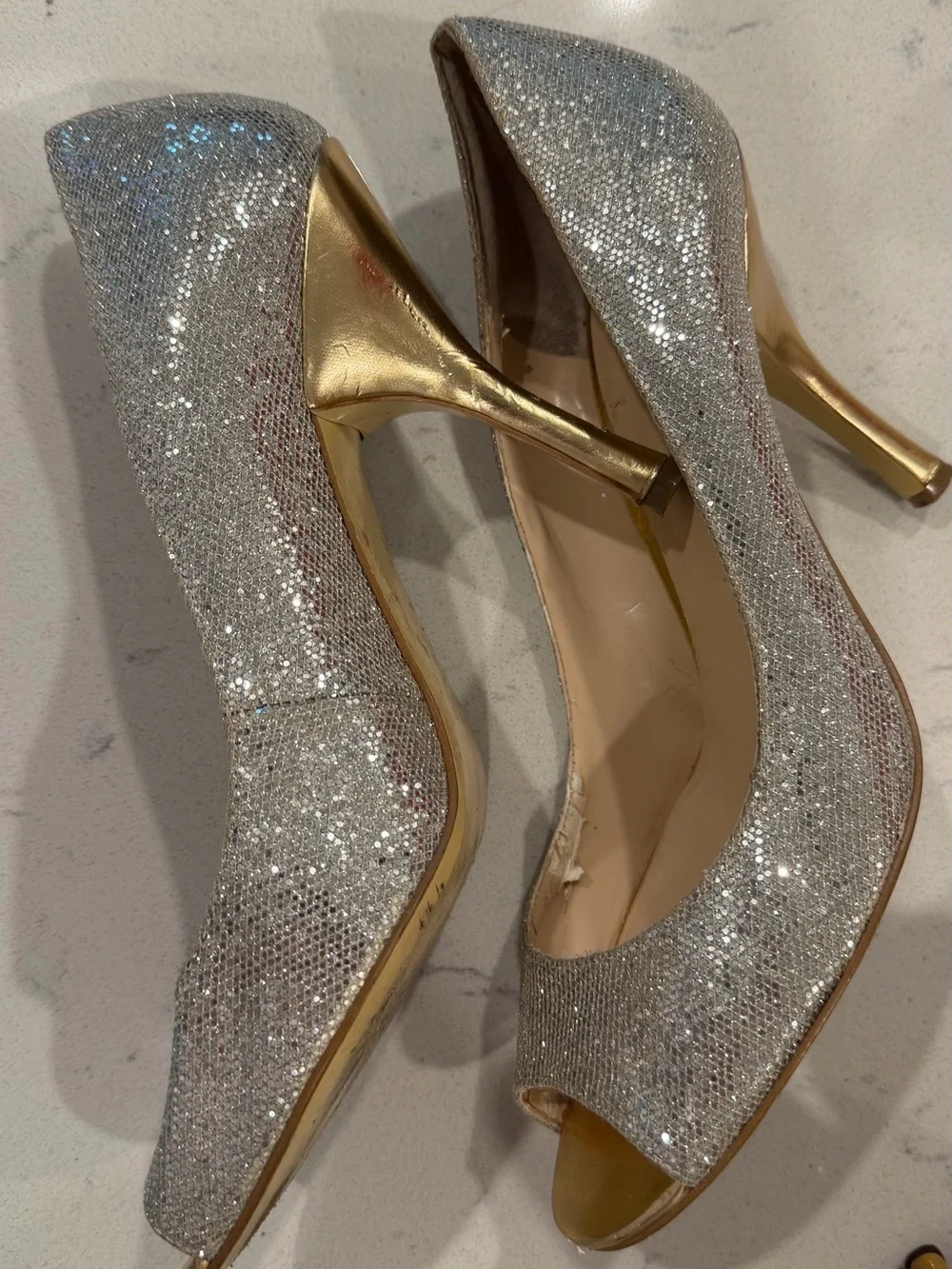 Nine West Silver Glitter Open-Toe Pumps with Gold Accent